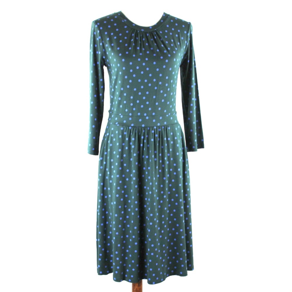 Boden Mira Green Blue Polka Dot Fit Flare Jersey Stretch Knit Above Knee Dress 6